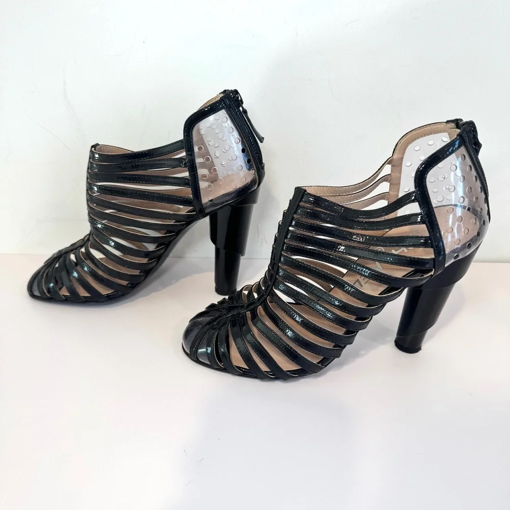 Chanel Black Patent Leather & Clear PVC Cage Block Heel Sandal W CC Logo, Sz 38